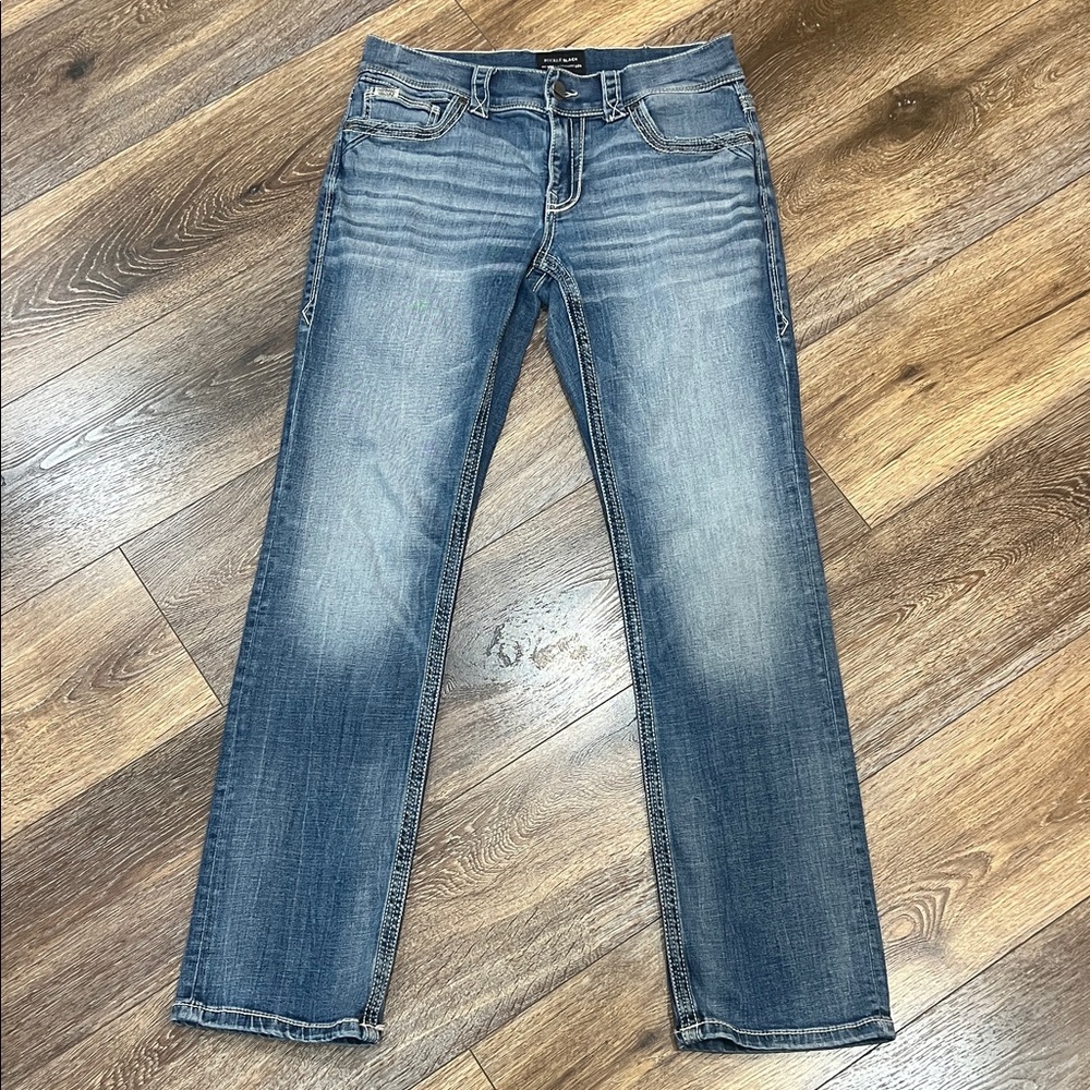 BUCKLE BLACK Nine Straight Stretch Jeans Distressed In Color: Willow - Picture 4 of 9